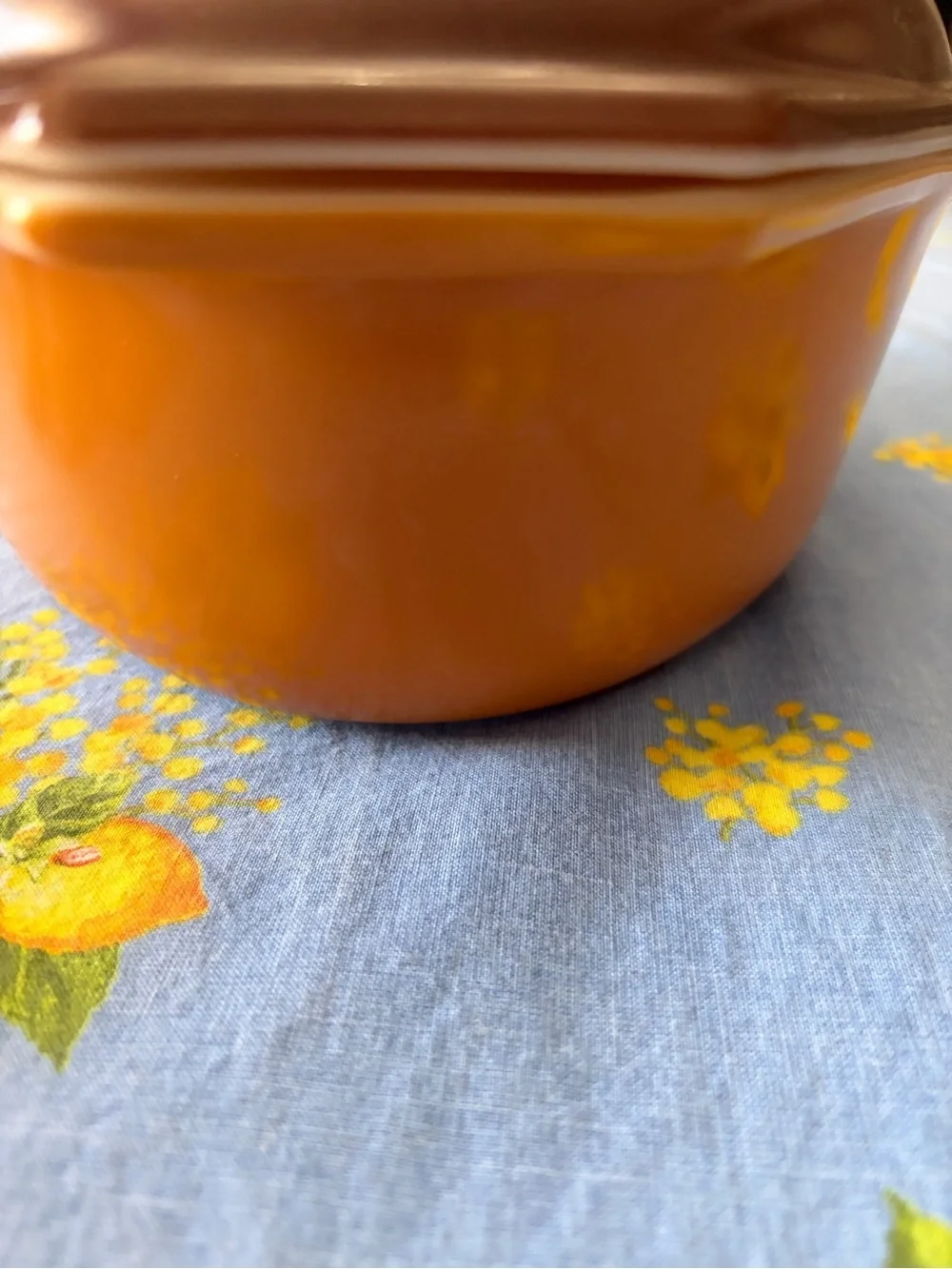 Pyrex Brown and Orange Vitrolite Casserole Dish with Fruit Pattern vintage